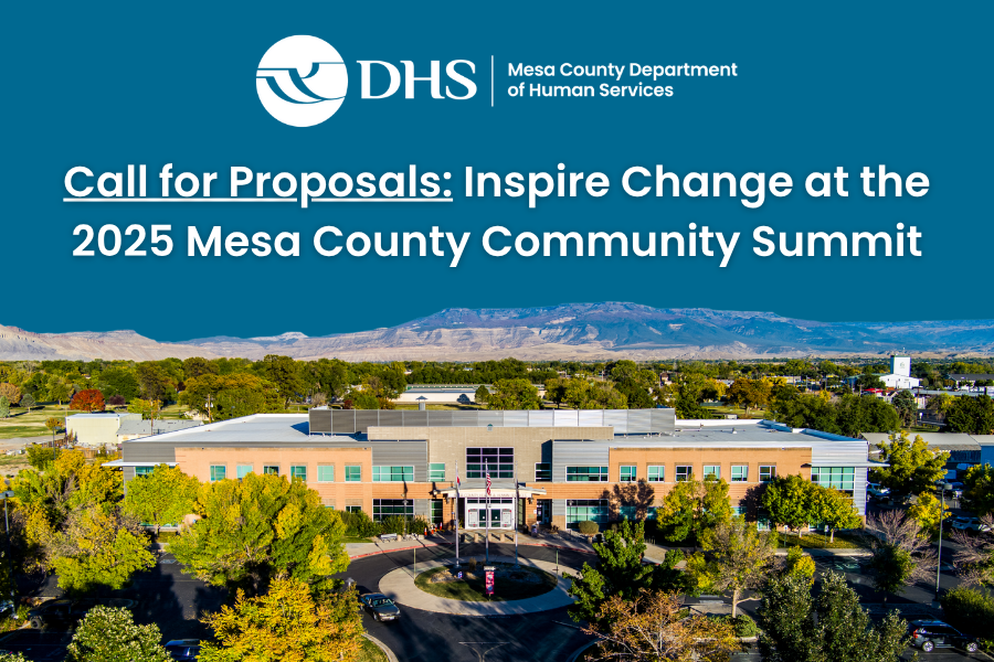 Call for proposals text on image of DHS building with logo.