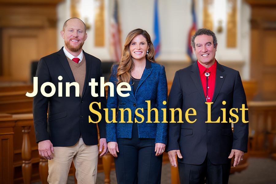 Three people smiling, wearing professional clothing with text reading, join the sunshine list. 