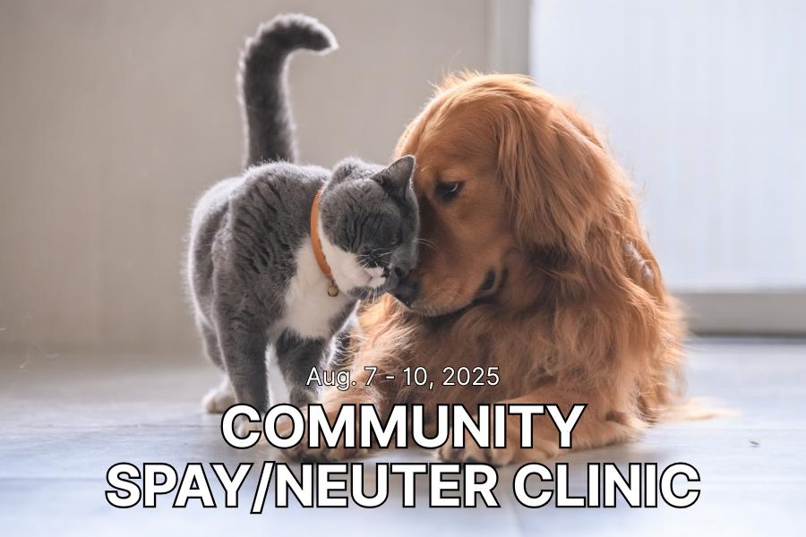 A dog and a cat together with text reading, Aug. 7-10, 2025 community spay/neuter clinic.
