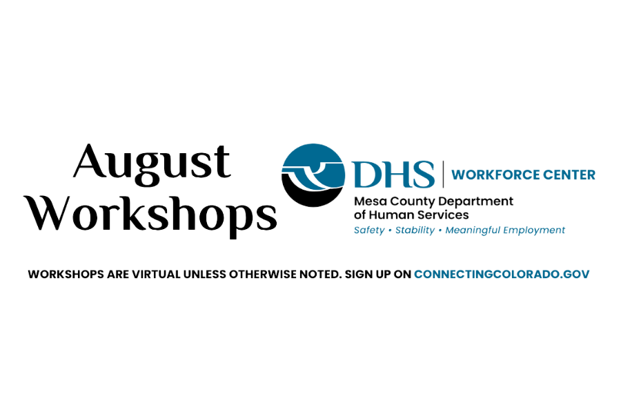 August workshops, sign up on Connecting Colorado, Workforce Center logo