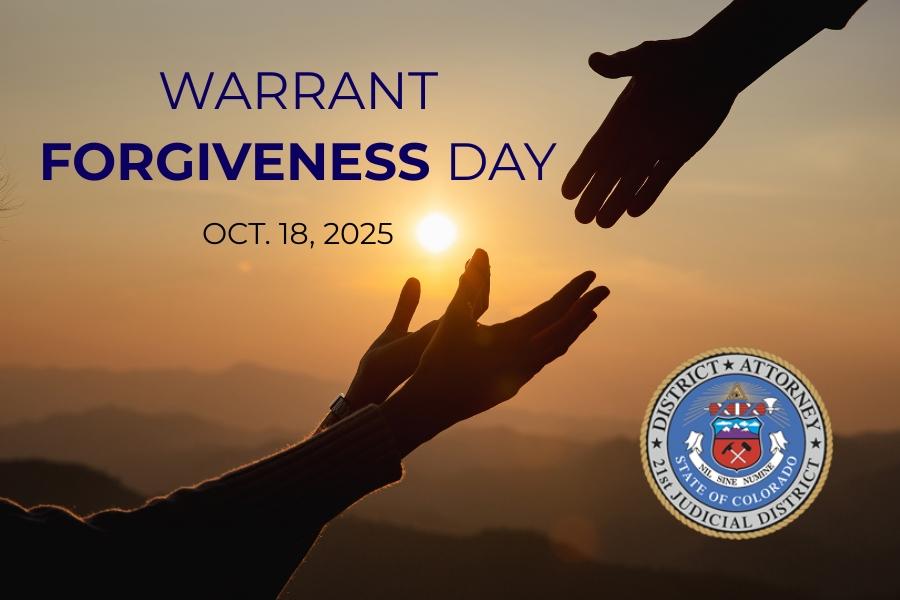 Two hands reaching for one hand during sunrise with text reading, warrant forgiveness day Oct. 18, 2025.