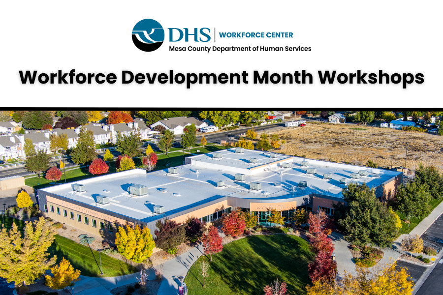 Workforce Development Month Workshops on white background with WFC Building image and logo.