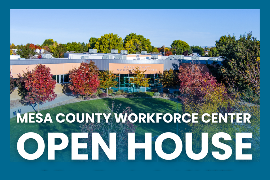 Workforce Center Open House on blue background with WFC building image