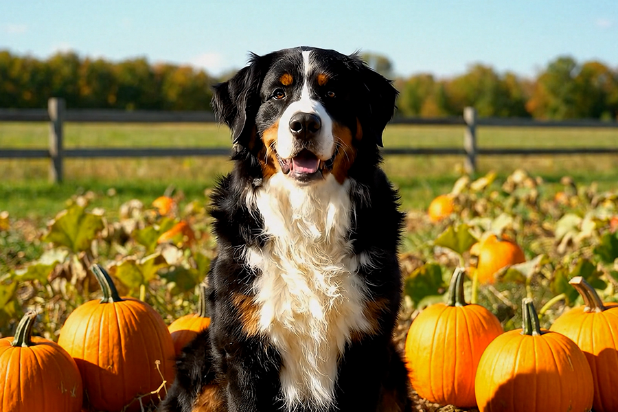A dog sitting in a pumpkin patch. 