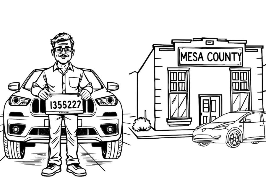 An animated man holding a license plate next to a Mesa County building. 