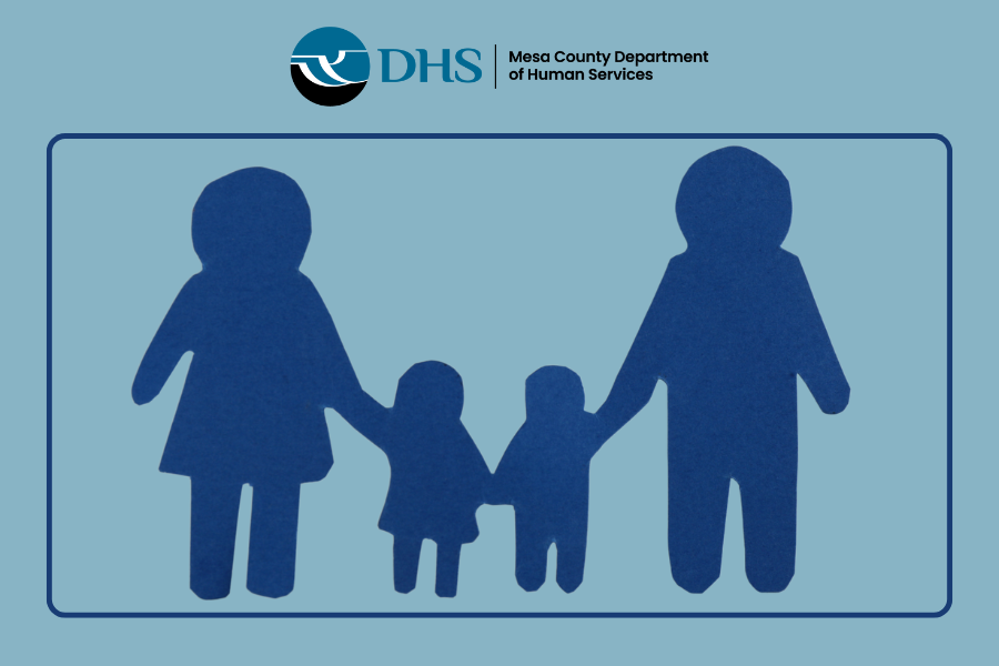 Stick figure family of four with DHS logo on blue background