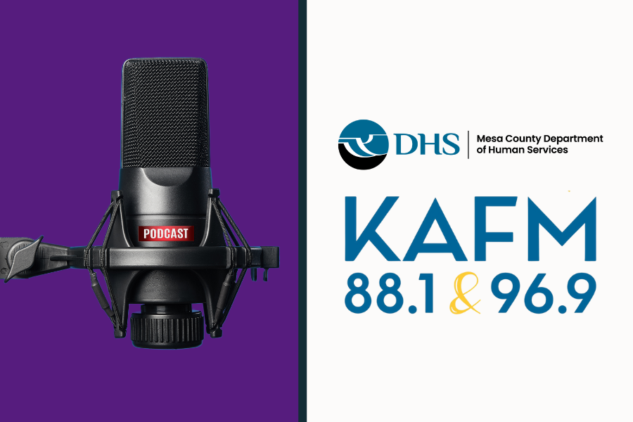 KAFM and DHS logos with purple background and a microphone.