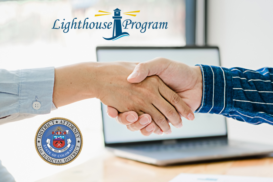 Two hands intertwined in a handshake with texting reading Lighthouse Program. 