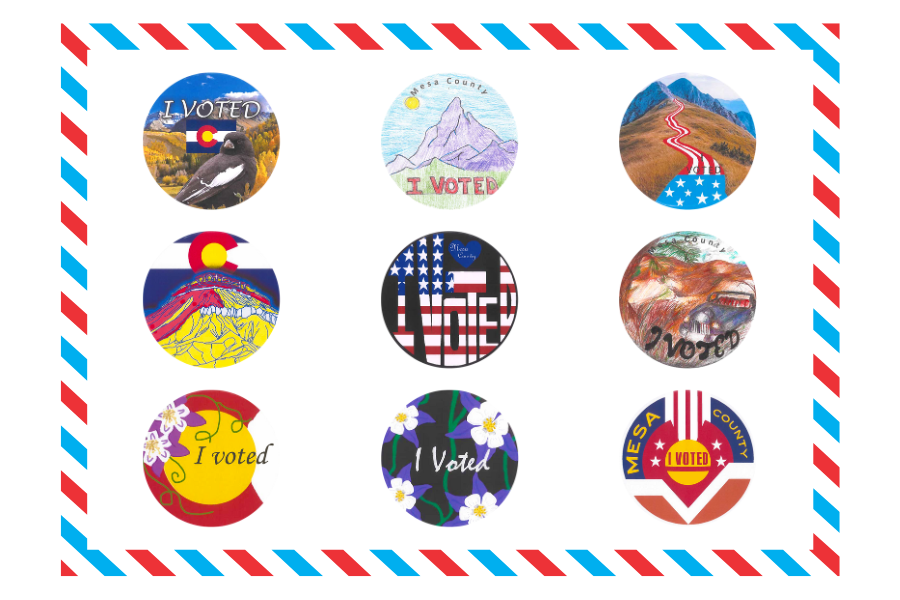 Nine circular I Voted Sticker Designs with a red and blue border around them. 