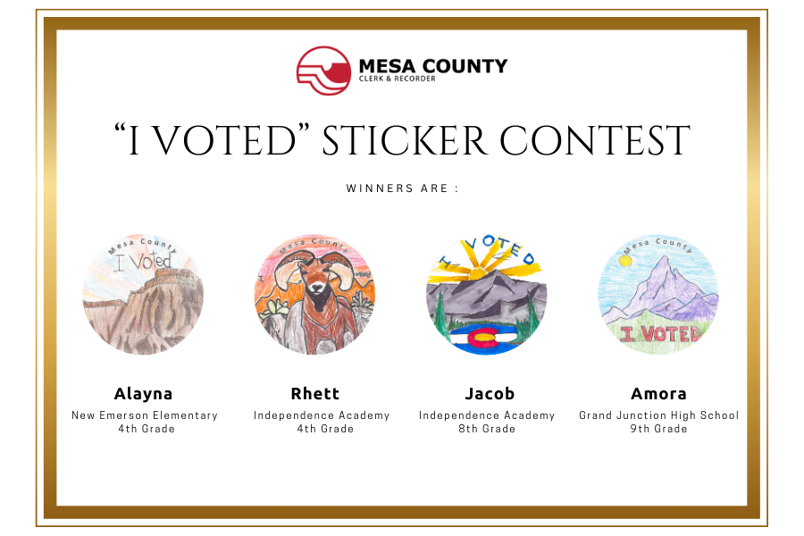 A Mesa County Clerk and Recorder graphic announcing the “I Voted” Sticker Contest winners, featuring four student-designed circular sticker artworks with names and schools listed: Alayna, New Emerson Elementary, 4th grade; Rhett, Independence Academy, 4th grade; Jacob, Independence Academy, 8th grade; and Amora, Grand Junction High School, 9th grade.
