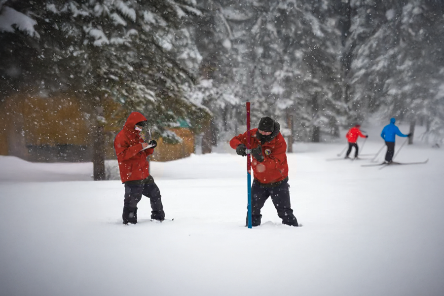 Two people in red winter jackets measure snow depth with a long probe during a snowfall, while others ski in the background among snow-covered trees.