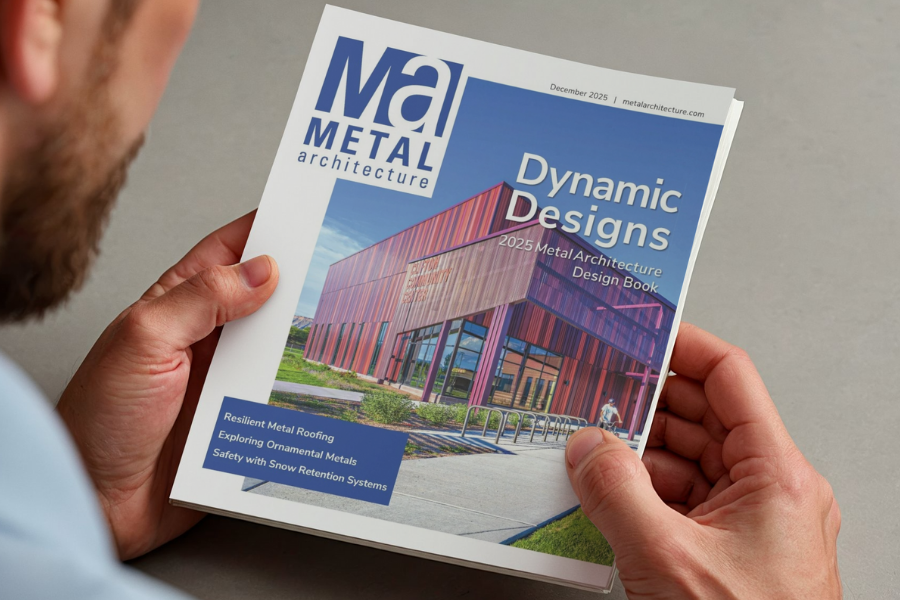 A person holds a copy of Metal Architecture magazine featuring the Clifton Community Center on the December 2025 cover.