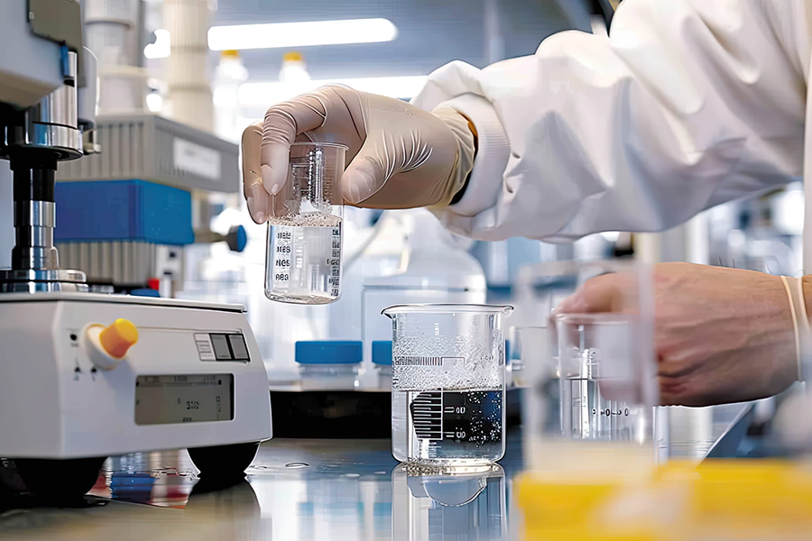 A lab technician wearing gloves holds a small vial of water during laboratory testing, with beakers, measuring equipment and scientific instruments visible.