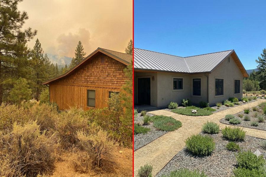 Split image showing two homes in a wooded area: on the left, a wood-sided house surrounded by dry brush and wildfire smoke; on the right, a stucco home with a metal roof and defensible space landscaping, illustrating wildfire-resistant construction and vegetation management.