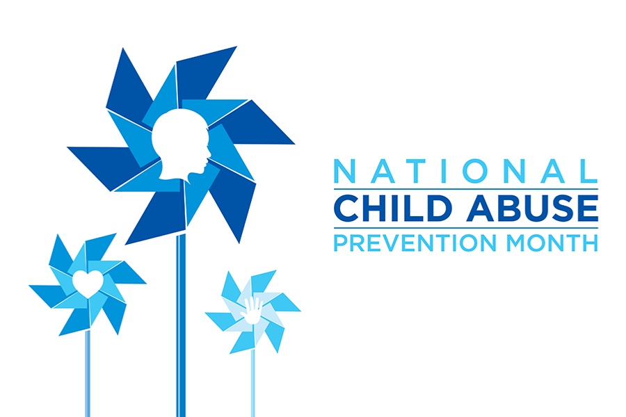 Blue pinwheel graphics with child silhouette and text reading “National Child Abuse Prevention Month” on a light background.