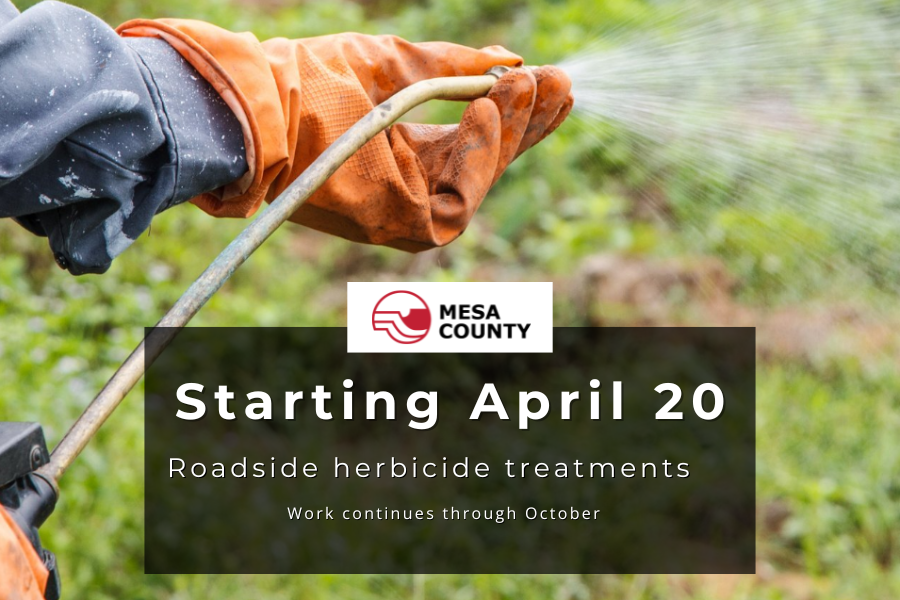 Worker wearing orange gloves sprays herbicide on roadside plants. Text reads “Starting April 20: Roadside herbicide treatments.”