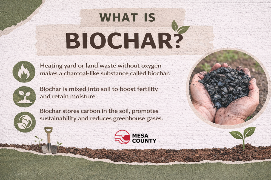 Infographic explaining biochar, how it’s made from yard waste and how it improves soil and stores carbon, with a photo of biochar in hands.