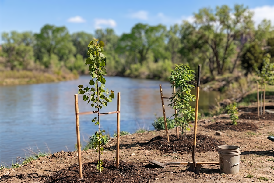 Young trees planted along a riverbank with stakes and mulch, with a shovel and bucket nearby, showing a habitat restoration project.