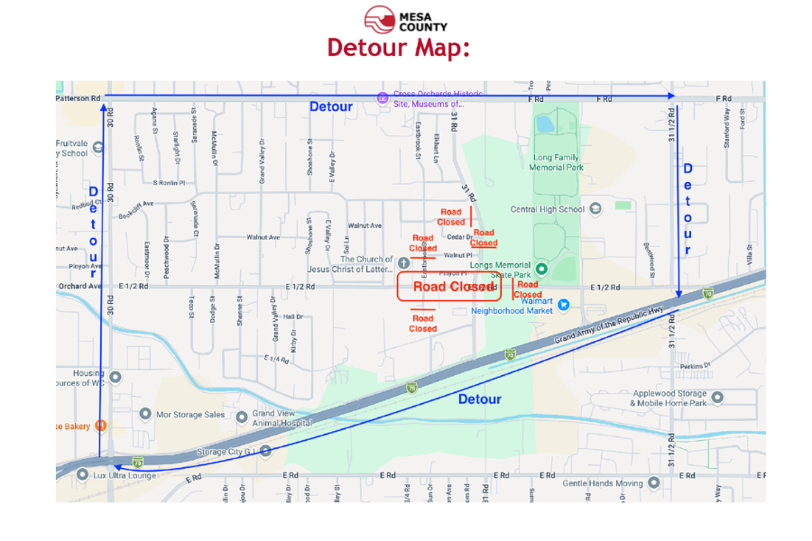 Detour map showing Orchard Avenue road closures near 31 Road and Longs Memorial Park during construction, with marked vehicle detour routes around the project area.
