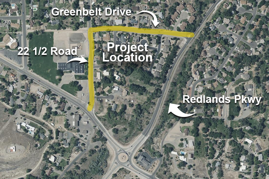 Aerial map showing the project area for sidewalk and drainage improvements along 22 1/2 Road and Greenbelt Drive near Redlands Parkway and Broadway Elementary School.
