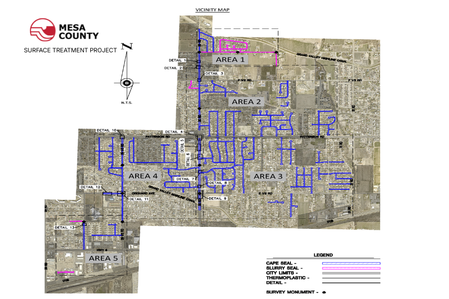 A Mesa County map shows five labeled project areas for planned road surface treatments, including cape seal and slurry seal work on neighborhood streets.
