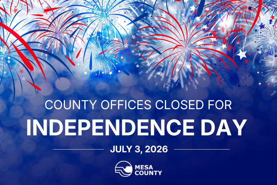 A graphic with red, white and blue fireworks announces that Mesa County offices are closed for Independence Day on July 3, 2026.
