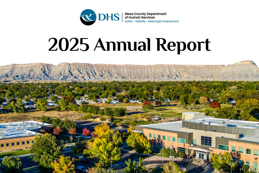 MCDHS Annual Report on white background with building at the bottom
