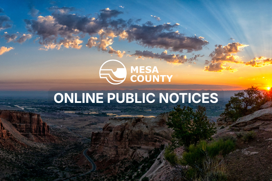 Sunrise over National Monument with Mesa County logo and "Online Public Notices."